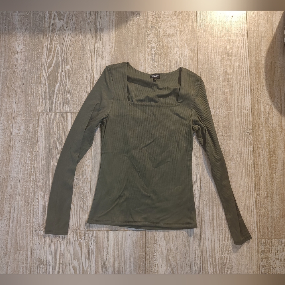Buckle Olive Ribbed Square Neck Long Sleeve Top